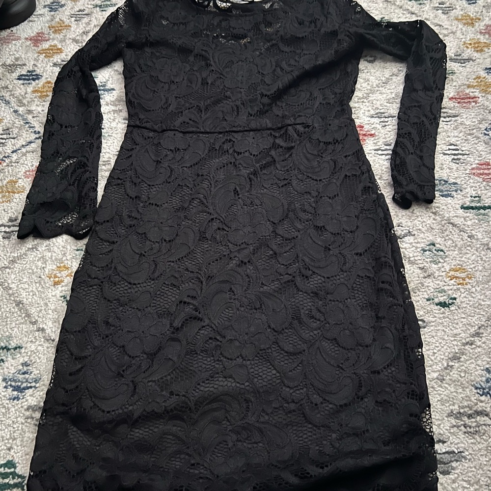 Sz L Classic Black Lace Dress 3/4 Sleeve Chic party Night Out - Picture 2 of 6